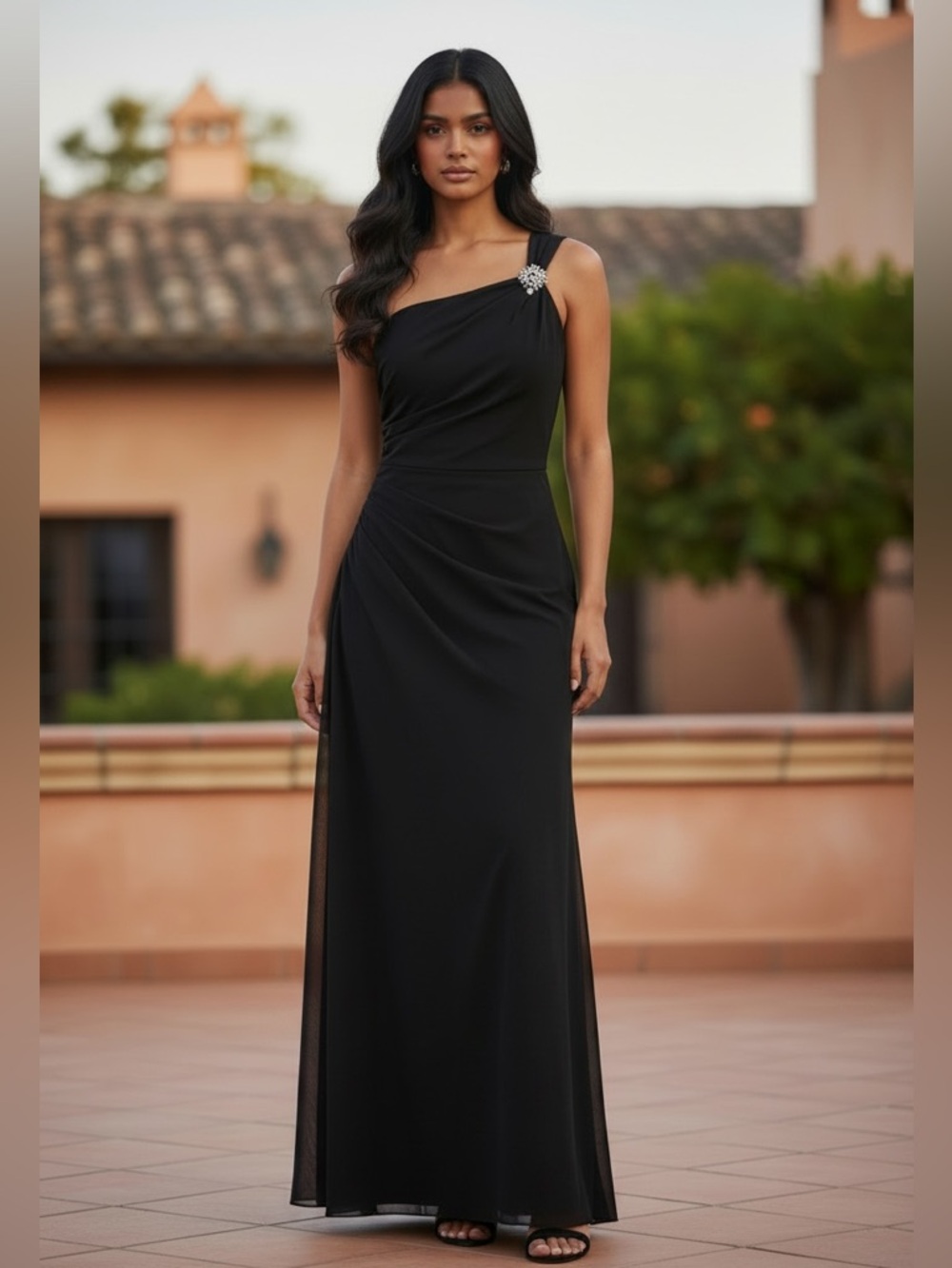 Signature by Sangria One Shoulder Black Dress